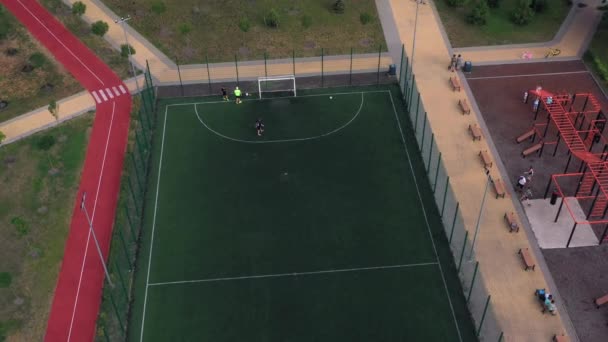 Voetbalveld Met Kunstgras Openluchtfitnessruimte Luchtdrone Zicht Een Sportpark — Stockvideo