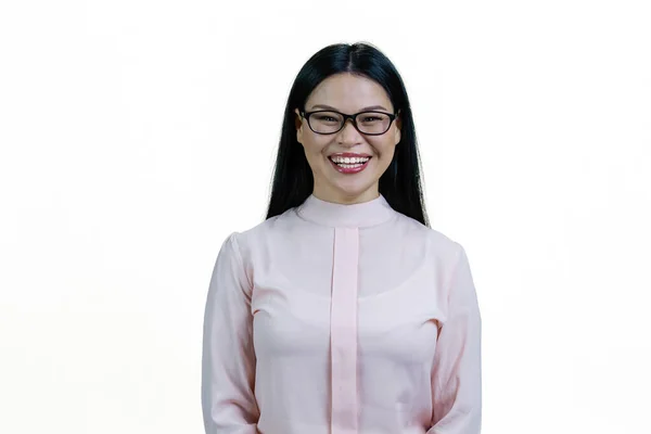 Retrato Uma Jovem Mulher Coreana Sorrindo Inteligente Óculos Menina Morena — Fotografia de Stock
