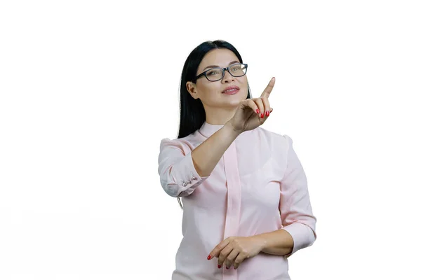 Ung Smart Asiatisk Kvinna Vidrör Osynlig Virtuell Skärm Med Fingret — Stockfoto