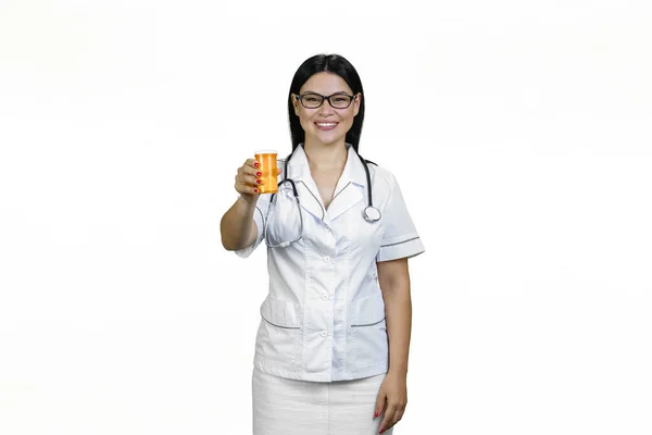 Portrait Professional Asian Female Smiling Doctor Giving Orange Pills Bottle — Stock Photo, Image