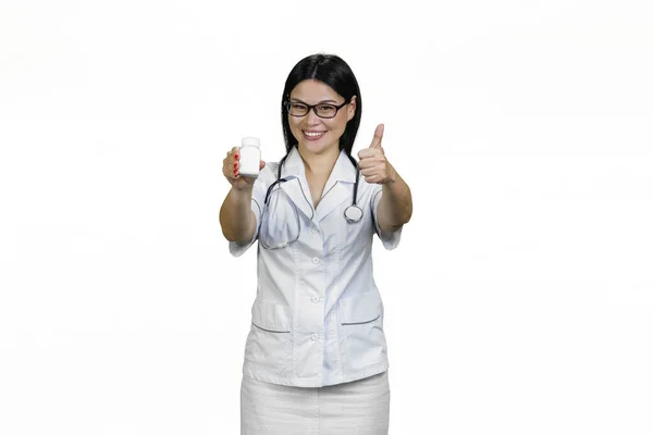 Smiling Female Doctor White Bottle Pills Giving Thumb Isolated White — Stock Photo, Image