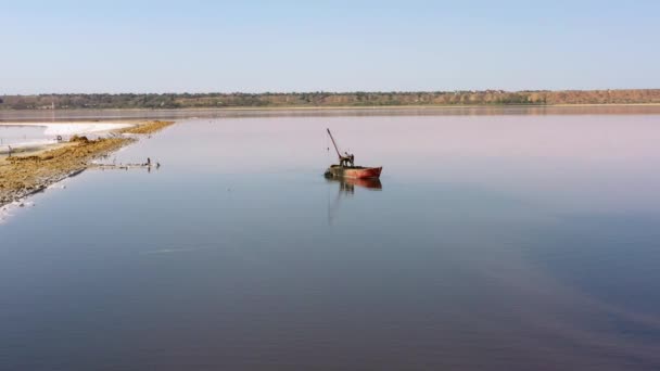 Small Fishing Boat Men Sailing Sea Firth Three Fishermen Pulling — Stock Video
