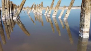 Eski ahşap direkler tuzlu deniz köpüğü suyunda. Odessa, Ukrayna 'daki Estuary Kuyalnik.