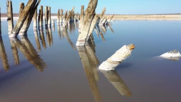 Eski Püskü Ahşap Direkler Tuzlu Deniz Köpüğü Suyunda Odessa Ukrayna — Stok video