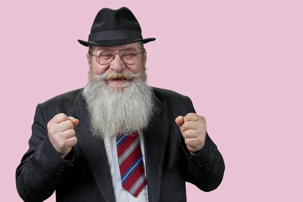 Retrato Homem Velho Barba Longa Feliz Alegra Êxito Isolado Sobre — Fotografia de Stock
