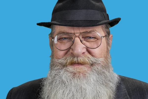Close Face Senior Long Bearded Man Isolated Blue — Stock Photo, Image