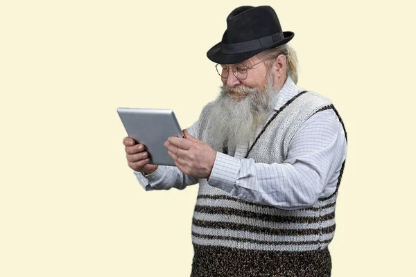 Portrait Happy Senior Man Holding Tablet Isolated White — Stock Photo, Image