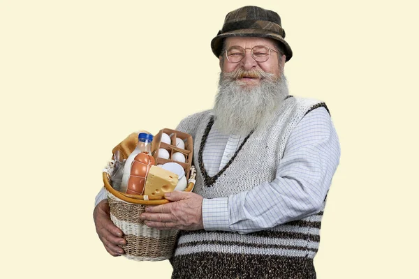 Uomo Anziano Con Cibo Del Supermercato Isolato Fondo Giallo — Foto Stock