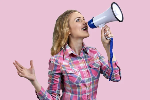 Portrait Young Blonde Blue Eyed Woman Speaking Megaphone Attractive Female — Stock Photo, Image