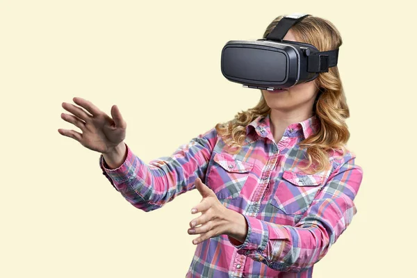 Woman Wearing Headsdet Touching Something Virtual Simulation Isolated White — Stock Photo, Image