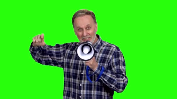 Happy Expressive Man Gives Encouraging Speech Megaphone Gesturing Isolated Green — Stock Video