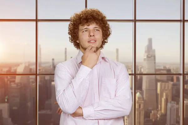Portrait Pensive Young Businessman Curly Hair Touching His Chin Having — Stock Photo, Image