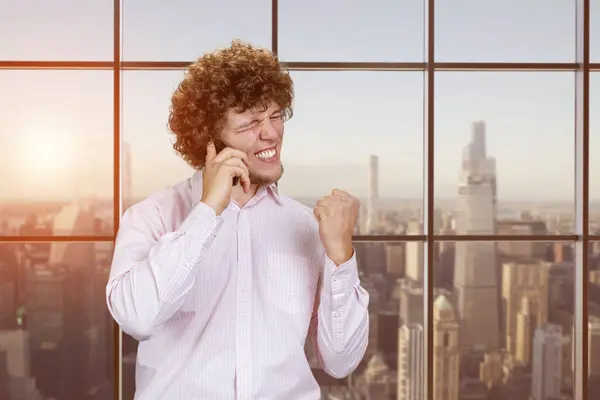 Portrait Young Happy Caucasian Man Talking Phone Rejoicing Success Checkered — Stock Photo, Image