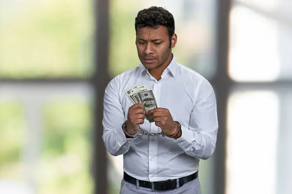 Portrait Handcuffed Indian Man Holding Money Blur Interior Background Corruptibility — Stock Photo, Image