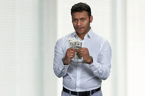 Young Arrested Man Handcuffs Holding Dollar Banknotes Businessman Handcuffs Holding — Stock Photo, Image