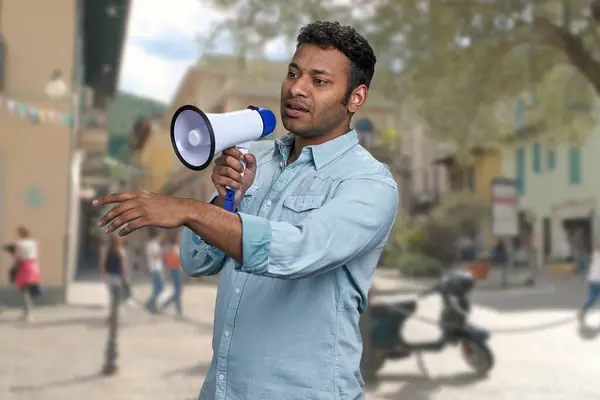 Young Man Megaphone Standing Blur City Street Background Indian Man — Stock Photo, Image