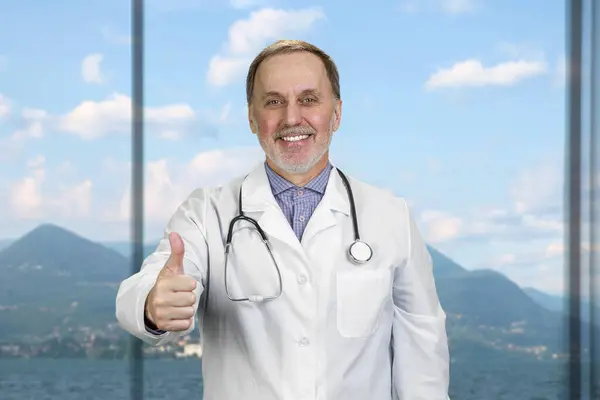 스테로스코프를 행복한 의사는 엄지손가락을 보여줍니다 배경에 풍경을 수있는 로열티 프리 스톡 사진