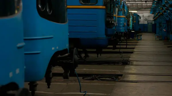 stock image Metro cars are lined up in the depot. Technical room for repairing wagons.