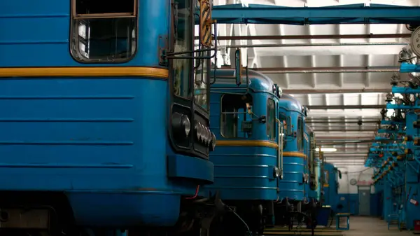 stock image Metro trains are waiting for inspection. Railway depot. The subway building.