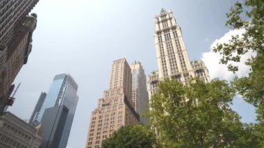 Bu fotoğrafta Manhattan 'ın finans bölgesinde tarihi ve modern mimarinin bir karışımı yer alıyor. Yüksek binalar yeşilliğin üzerine yükselir ve canlı bir şehir silueti oluşturur..