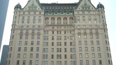 New York City, New York, ABD - 08.01.2024: İkonik Plaza Hotel zarif mimarisini New York 'ta sergiliyor. Tarihi bir dönüm noktası, lüks ve zamansız karmaşıklığı temsil ediyor..