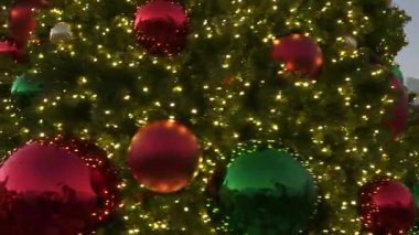 Süslü bir Noel ağacı kırmızı ve yeşil toplarla parlar. Sıcak beyaz ışıklar dalların arasında parlıyor..