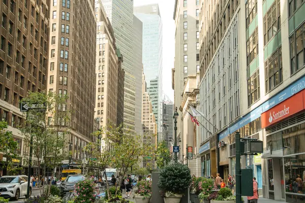 New York, New York, New York, ABD - 07.29.2024: Manhattan şehir merkezindeki santraller, trafik ve yüksek binalarla dolu bir caddeye bakıyorum. Camdan gökdelenler ve yol boyunca uzanan tarihi cephelerin karışımı..