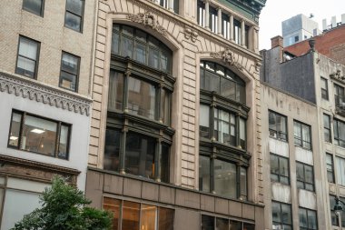 New York 'ta dekoratif kavisli camları ve karmaşık taş detaylarıyla dolu tarihi bir binanın yakın görüntüsü. Koyu çerçeveli defne pencereleri, bej ön cephe ile zarifçe tezat oluşturuyor..