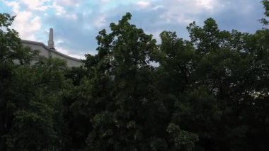 Ağaç yapraklarının arkasındaki Ukrayna Hükümet Binası. Verkhovna Rada hükümeti.