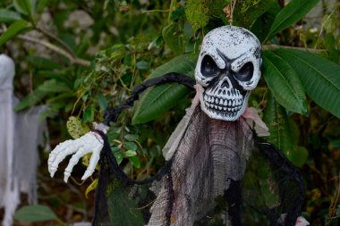 Kemikli pençeli beyaz kafatası ve yeşil yapraklı siyah paçavra pelerin. Ürkütücü açık hava Cadılar Bayramı aksesuarı gündüz çekilmiş..