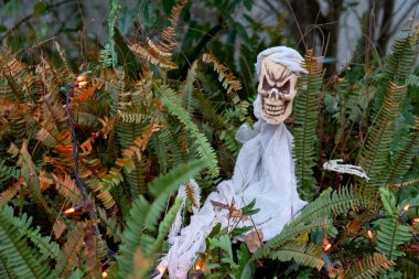 Küçük bir iskelet hayaleti yeşil eğrelti otlarında turuncu ışık altında yatıyor. Parçalanmış beyaz gazlı bez ve sırıtan bir kafatası ürkütücü bir açık hava Cadılar Bayramı sahnesi yaratır..