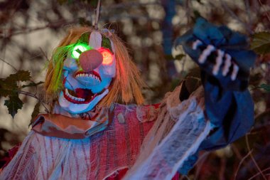Yeşil ve kırmızı gözlü paçavra bir palyaço aksesuarı geceleri dallardan süzülüyor. Parçalanmış kumaş ve keskin dişler ürkütücü bir Cadılar Bayramı görüntüsü oluşturur..