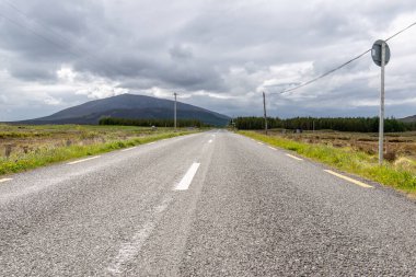 Dümdüz yol dağa doğru gidiyor. Güzel bulutlu bir gökyüzü var.