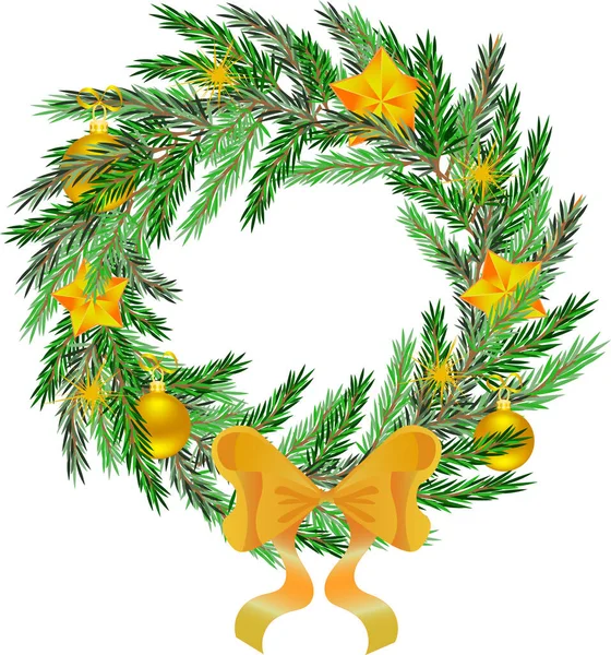 Фото Реалистичный Рождественский Венок Большим Золотым Луком Безделушки Декоративные Звезды — стоковый вектор