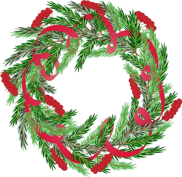 Foto Realistischen Winter Weihnachtskranz Mit Immergrünen Zweigen Dekorative Rote Schleife — Stockvektor