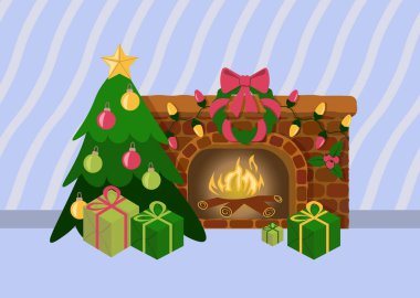 Mavi arka plan vektöründe şömine ve Noel ağacı ile Noel kompozisyonları