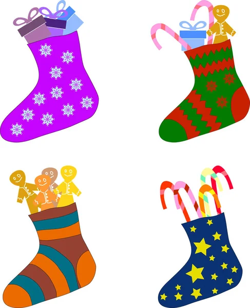 Set Printed Christmas Gift Socks Filled Present Boxes Gingerbread Man — Stock Vector