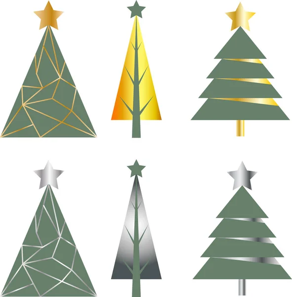 Neujahrs Und Weihnachtsset Aus Abstrakten Kiefern Mit Gold Und Silberverläufen — Stockvektor