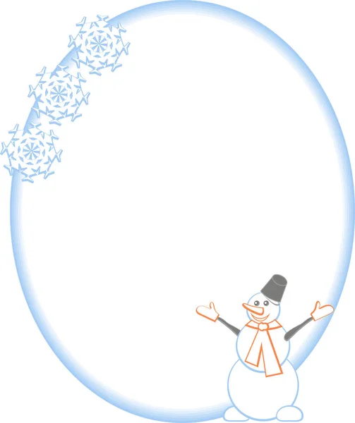 stock vector Oval winter New Year and Christmas frame with happy snowman and three snowflakes