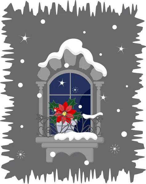 Karácsonyi Üdvözlőlap Fényes Poinsettia Havas Ablakon — Stock Vector