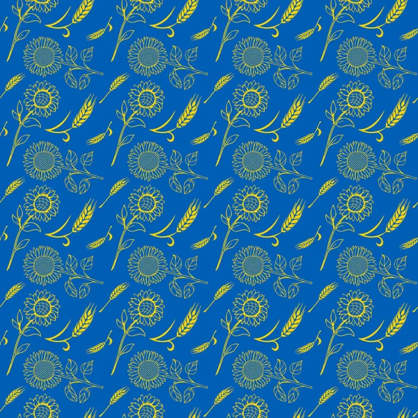 ウクライナの国旗の色で小麦の耳とひまわりのシルエットとシームレスなパターン黄色と青 — ストック写真