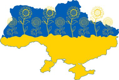 Ukrayna bayrak renkleriyle süslenmiş Ukrayna haritası sarı ve mavi