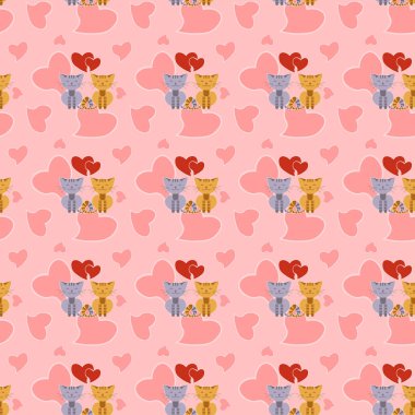 Sevgililer gününde kedi çifti ve kalplerle kusursuz bir selamlama kartı.