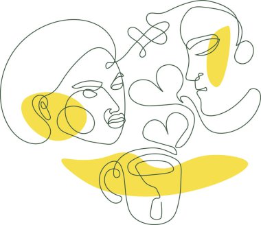 Sevgililer Günü tebrik kartı, içinde bir çift ve ana hatlarıyla bir fincan çay.