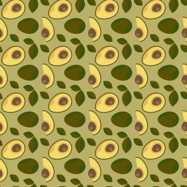 Taze avokado ve koyu arkaplan vektöründe yapraklarla kusursuz desen.