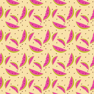 Taze karpuz dilimleri ve sarı kum arka plan vektöründeki tohumlarla kusursuz desen.