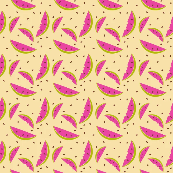 Taze karpuz dilimleri ve sarı kum arka plan vektöründeki tohumlarla kusursuz desen.