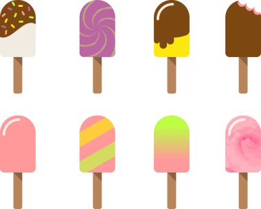 Set of various cartoon ice cream drawn in colorful flat style