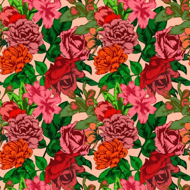 Çiçek açan güller, zambak, şakayık ve bahçedeki diğer çiçeklerle kusursuz desen.