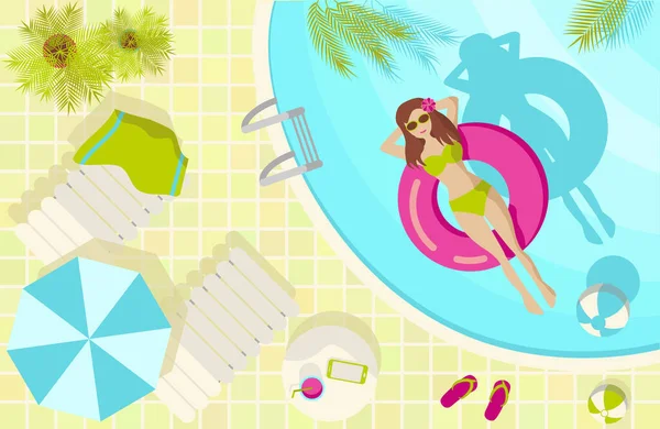 Summer tropical illustrations with a girl in a swimming pool rectangular shape